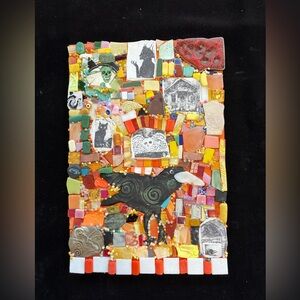 Handmade Mosaic  October Time“Polymer Clay & Glass Original Art  Wood 12”x8”